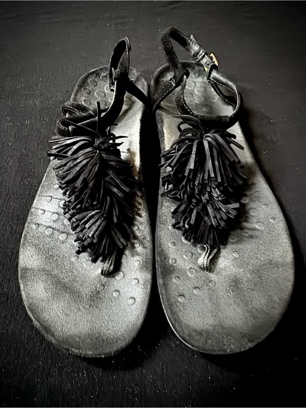 Vionic Black Tassel T-Strap Sandals